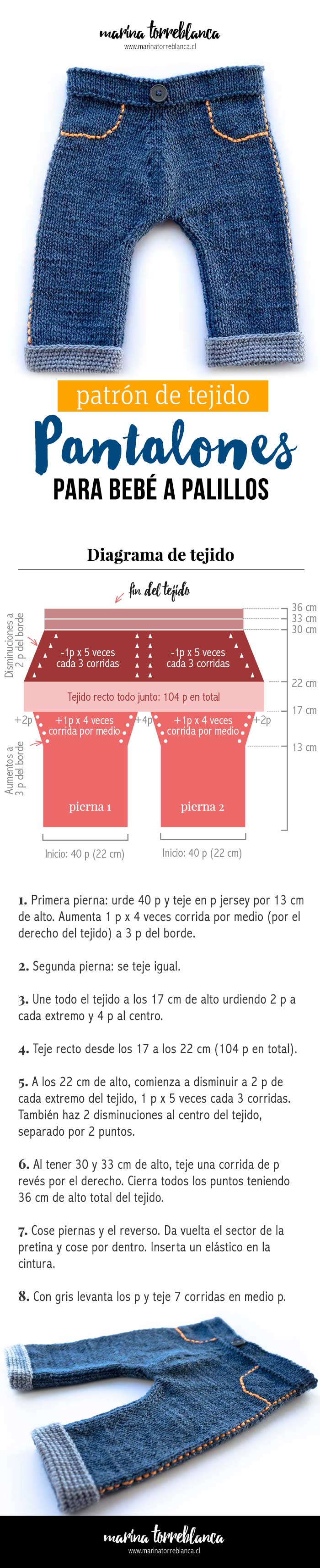 Instrucciones de tejido de pantalones para bebe a palillos